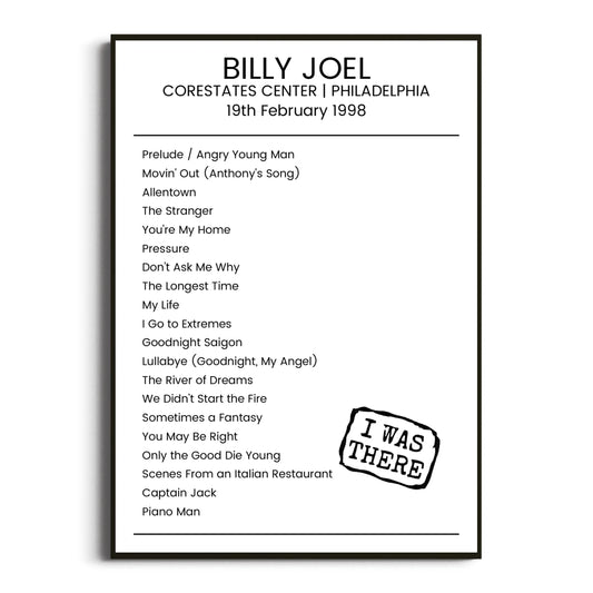 Billy Joel Philadelphia 19 February 1998 Setlist Poster