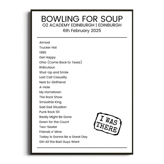 Bowling for Soup Edinburgh 06 February 2025 Setlist Poster