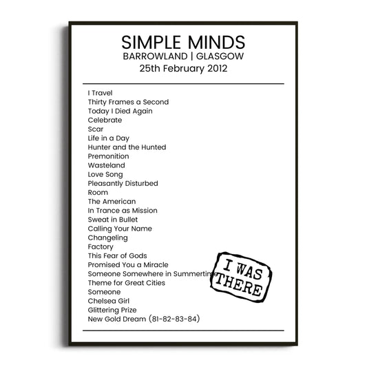 Simple Minds Glasgow 25 February 2012 Setlist Poster