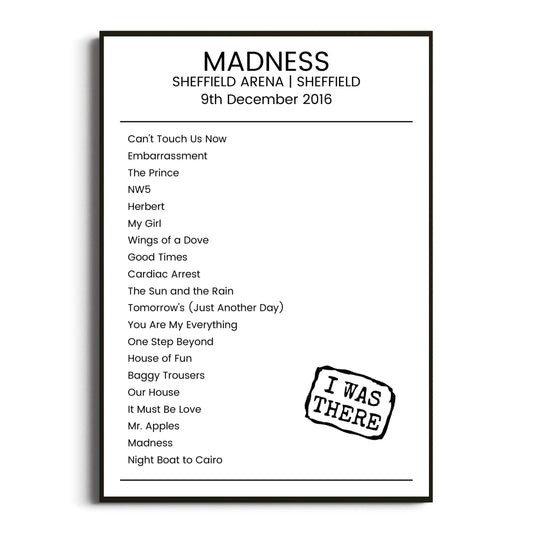 Madness Sheffield 09 December 2016 Setlist Poster