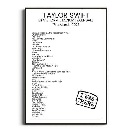 Taylor Swift Glendale 17 March 2023 Setlist Poster