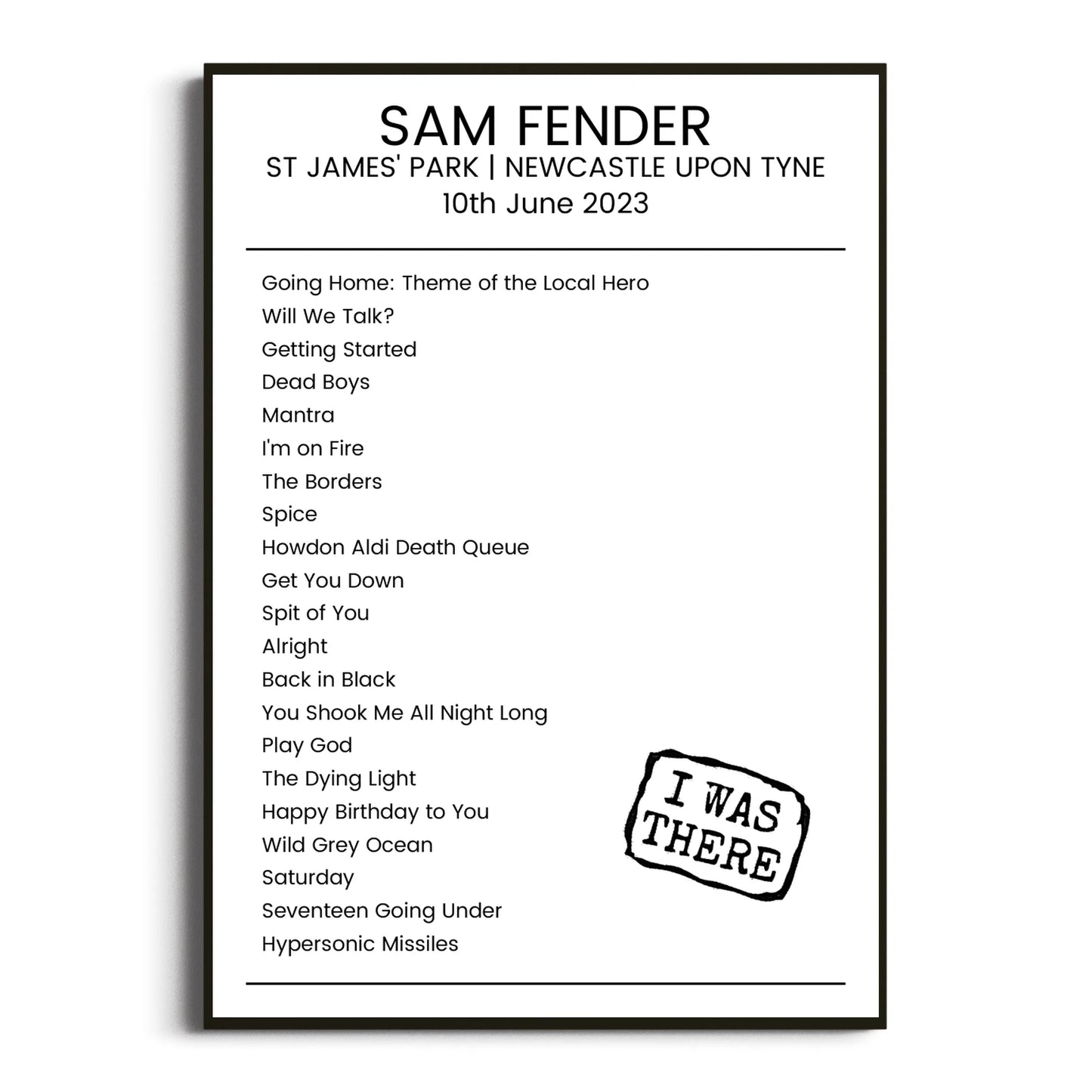 Sam Fender Newcastle upon Tyne 10 June 2023 Setlist Poster