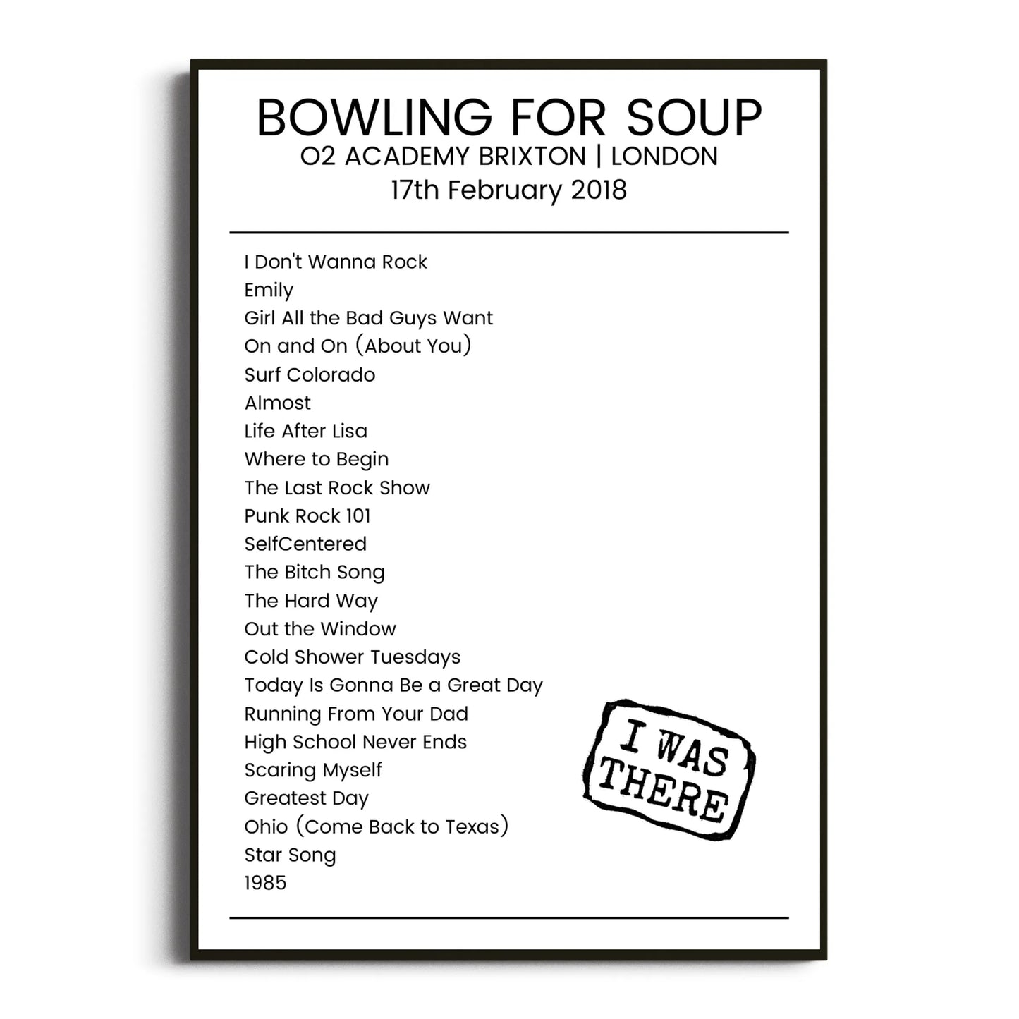 Bowling for Soup London 17 February 2018 Setlist Poster