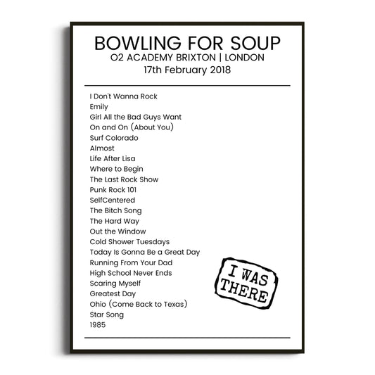 Bowling for Soup London 17 February 2018 Setlist Poster