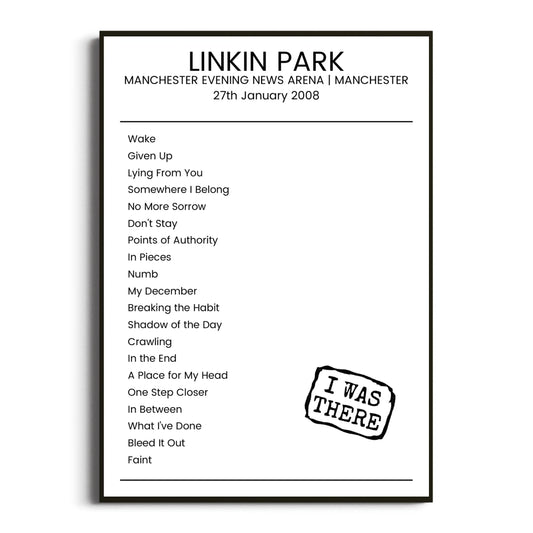 Linkin Park Manchester 27 January 2008 Setlist Poster