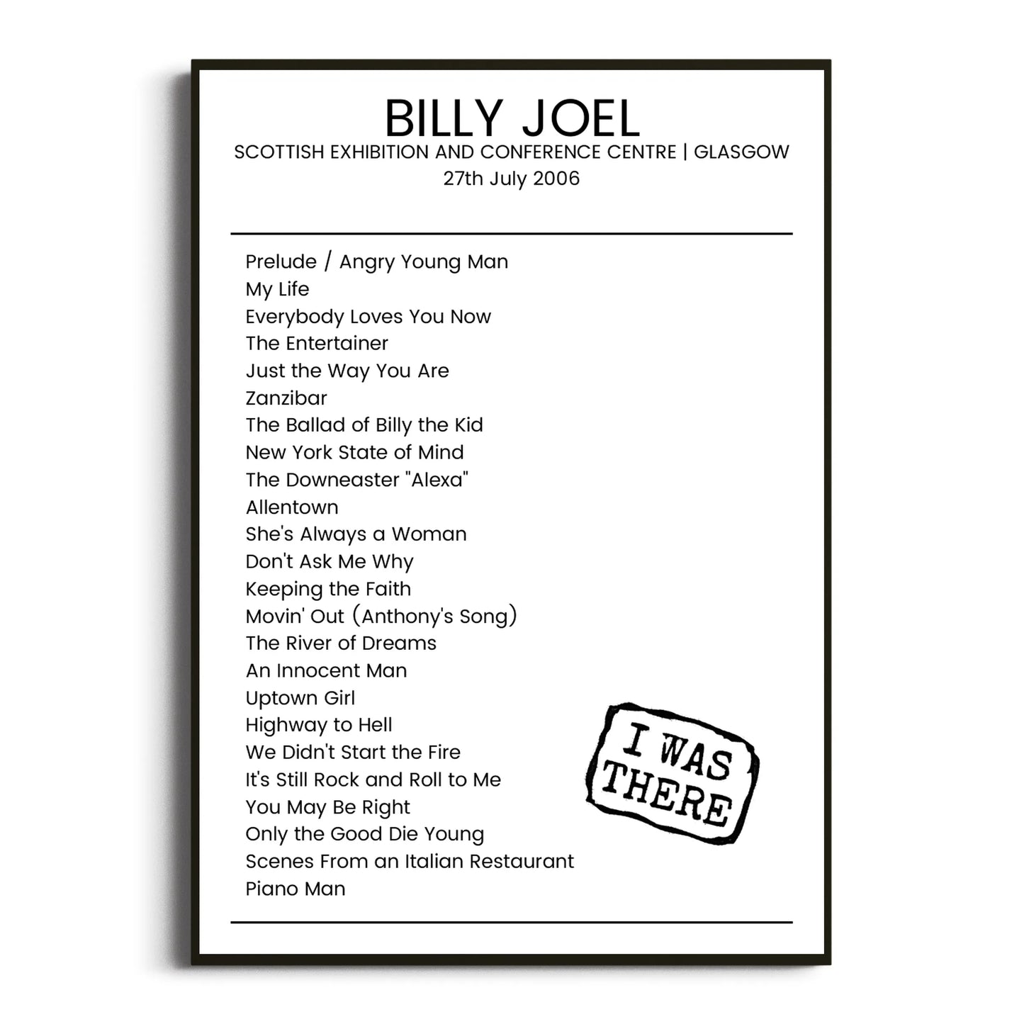 Billy Joel Glasgow 27 July 2006 Setlist Poster