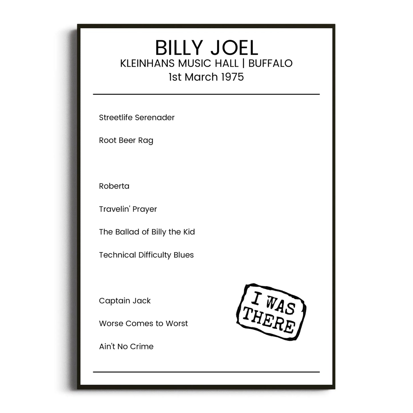 Billy Joel Buffalo 01 March 1975 Setlist Poster