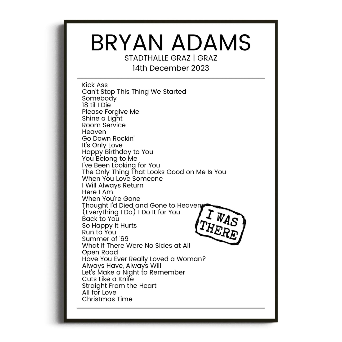 Bryan Adams Graz 14 December 2023 Setlist Poster