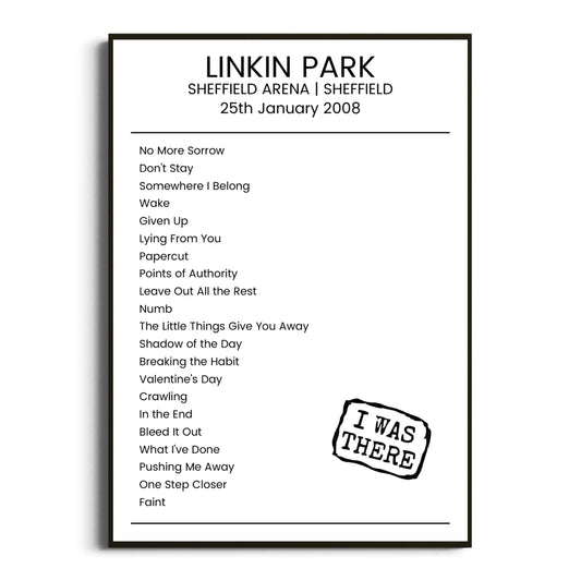 Linkin Park Sheffield 25 January 2008 Setlist Poster