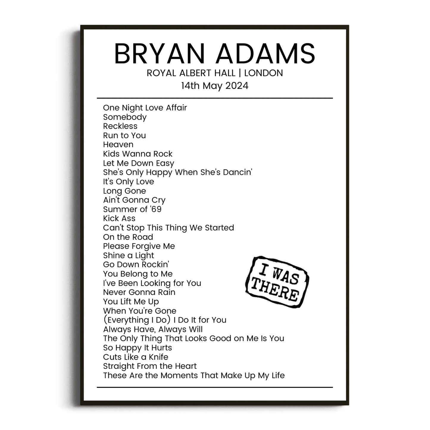 Bryan Adams London 14 May 2024 Setlist Poster