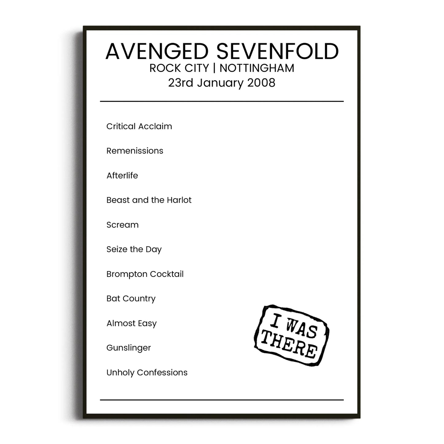 Avenged Sevenfold Nottingham 23 January 2008 Setlist Poster