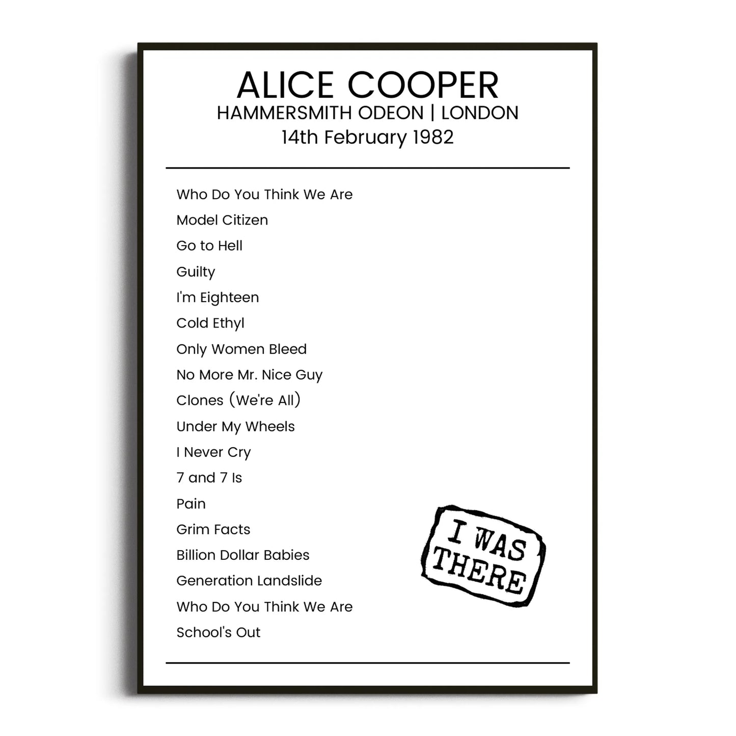 Alice Cooper London 14 February 1982 Setlist Poster