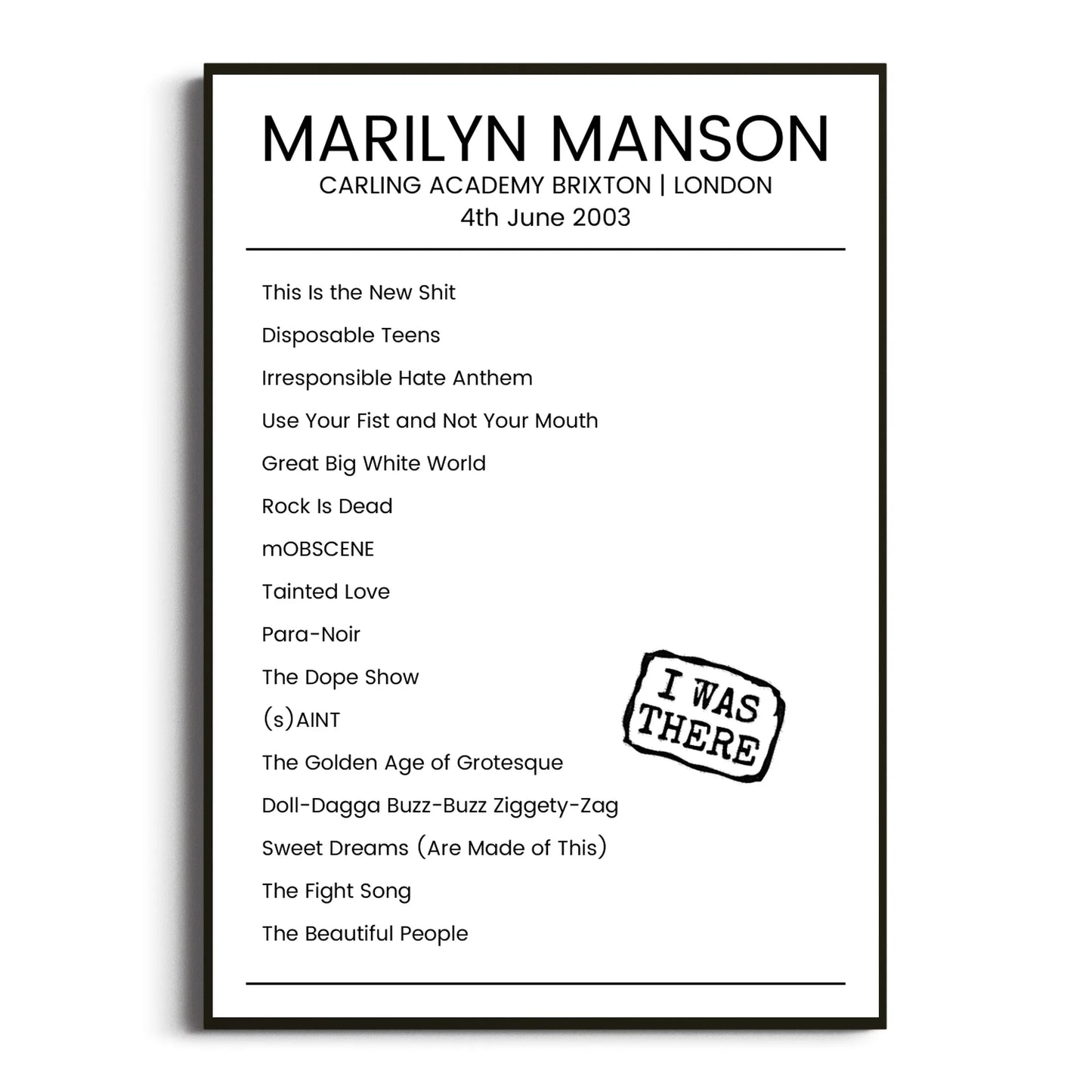 Marilyn Manson London 04 June 2003 Setlist Poster