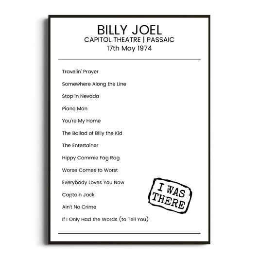 Billy Joel Passaic 17 May 1974 Setlist Poster