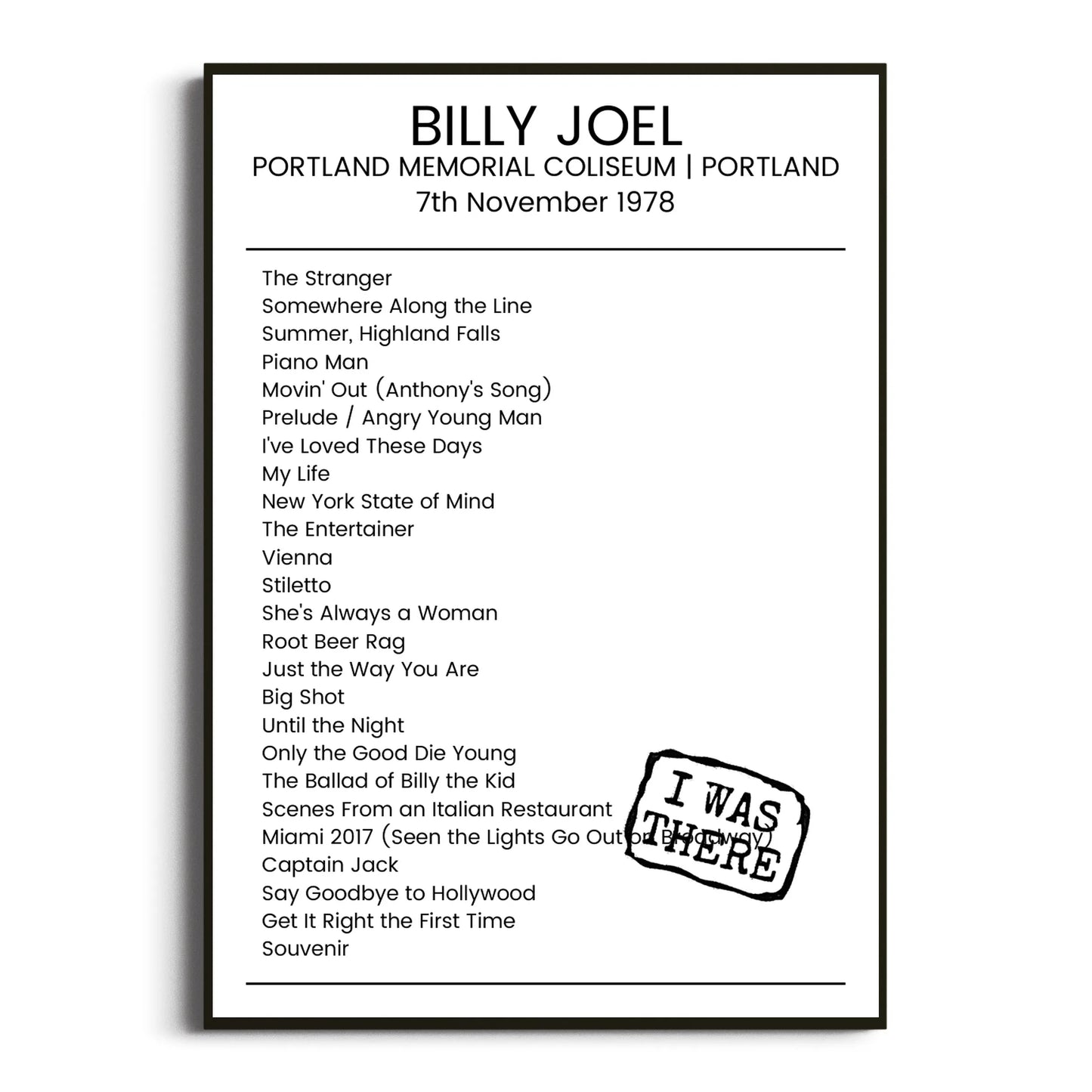 Billy Joel Portland 07 November 1978 Setlist Poster