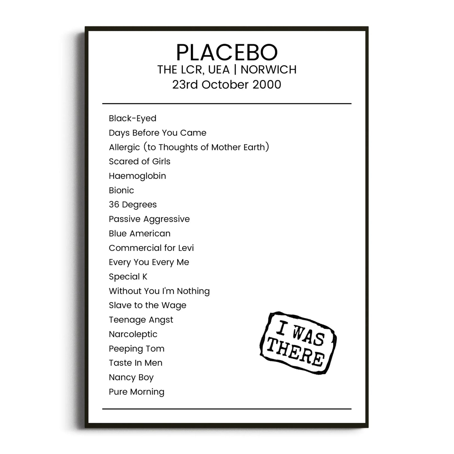 Placebo Norwich 23 October 2000 Setlist Poster