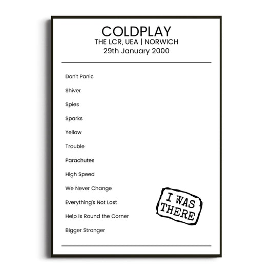 Coldplay Norwich 29 January 2000 Setlist Poster