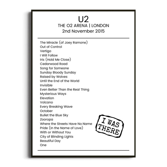 U2 London 02 November 2015 Setlist Poster