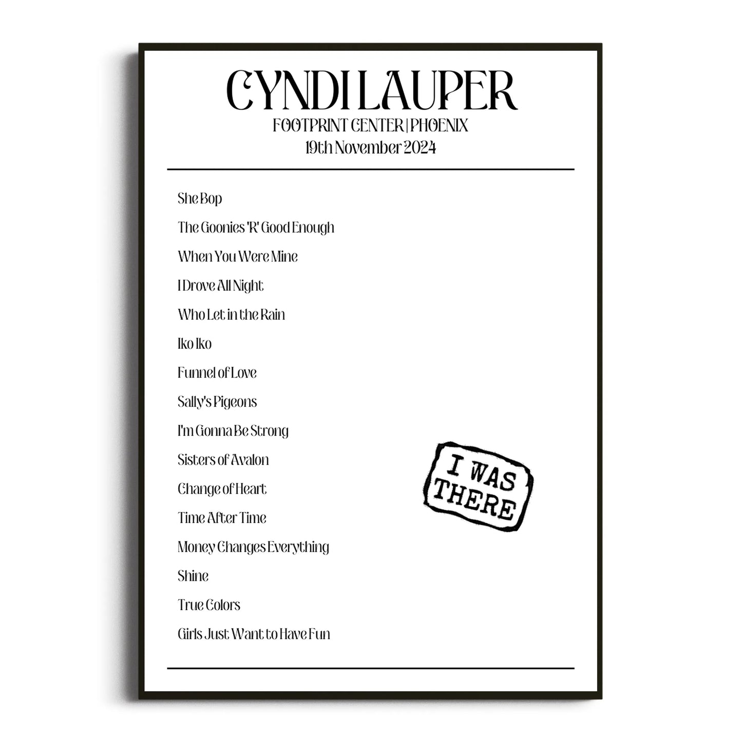 Cyndi Lauper Phoenix 19 November 2024 Setlist Poster