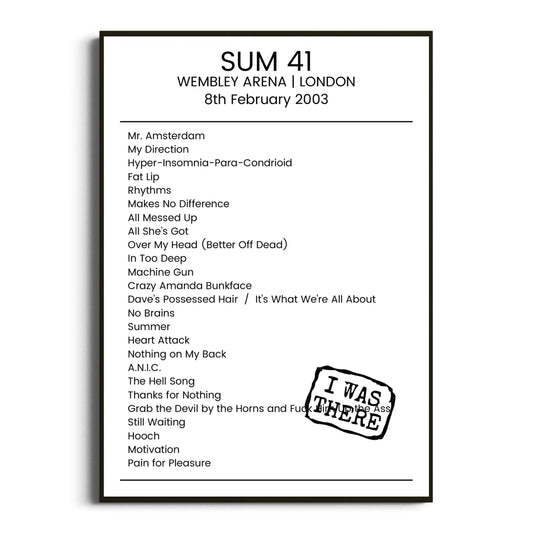 Sum 41 London 08 February 2003 Setlist Poster