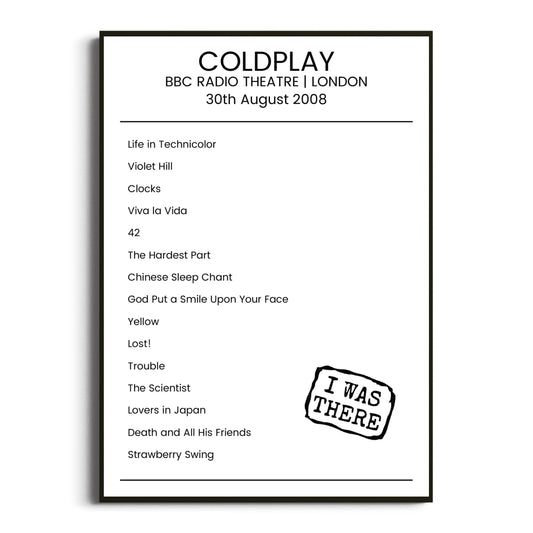 Coldplay London 30 August 2008 Setlist Poster