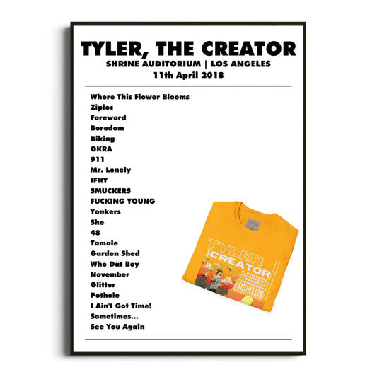 Tyler, The Creator Los Angeles 11 April 2018 Setlist Poster