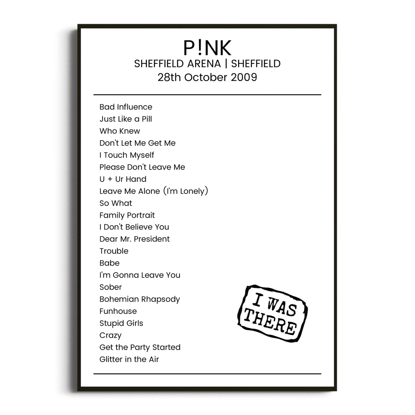 P!nk Sheffield 28 October 2009 Setlist Poster