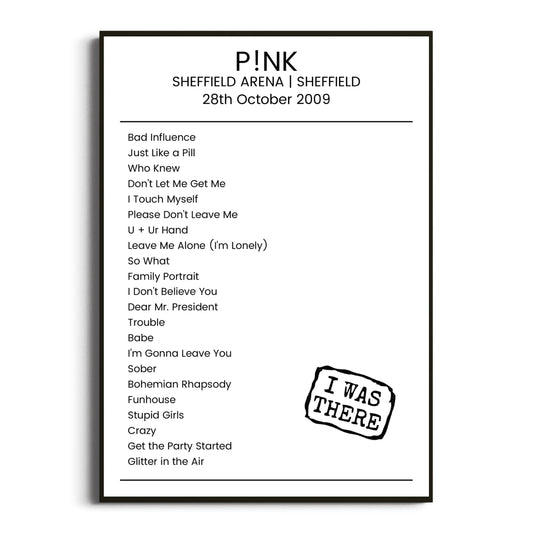 P!nk Sheffield 28 October 2009 Setlist Poster