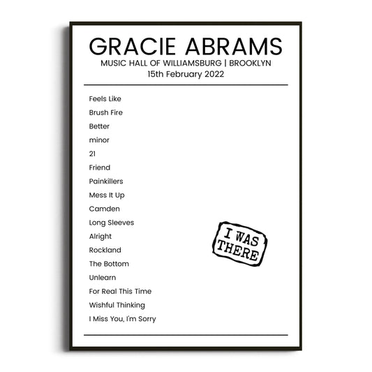 Gracie Abrams Brooklyn 15 February 2022 Setlist Poster