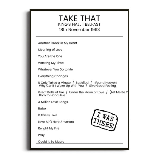 Take That Belfast 18 November 1993 Setlist Poster