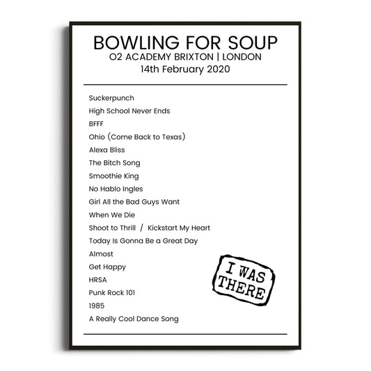 Bowling for Soup London 14 February 2020 Setlist Poster