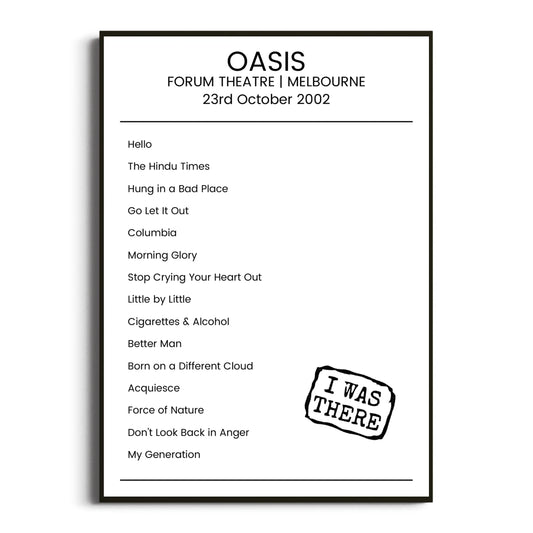 Oasis Melbourne 23 October 2002 Setlist Poster