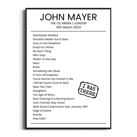 John Mayer London 19 March 2024 Setlist Poster