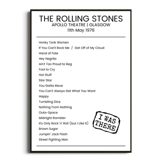 The Rolling Stones Glasgow 11 May 1976 Setlist Poster