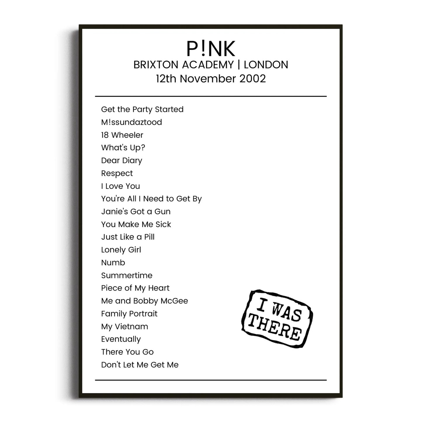 P!nk London 12 November 2002 Setlist Poster