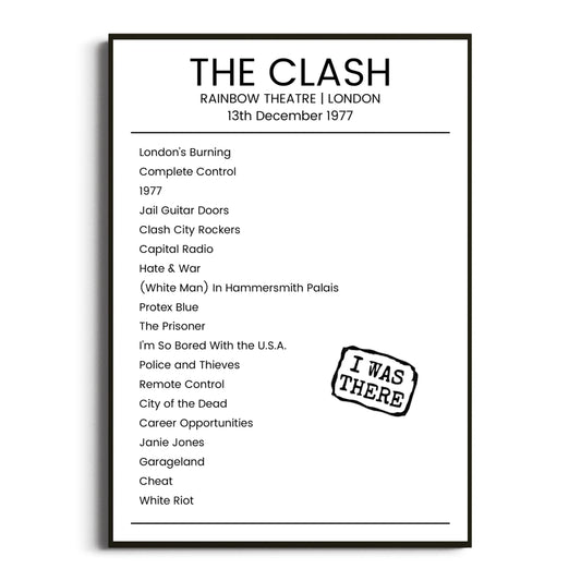 The Clash London 13 December 1977 Setlist Poster