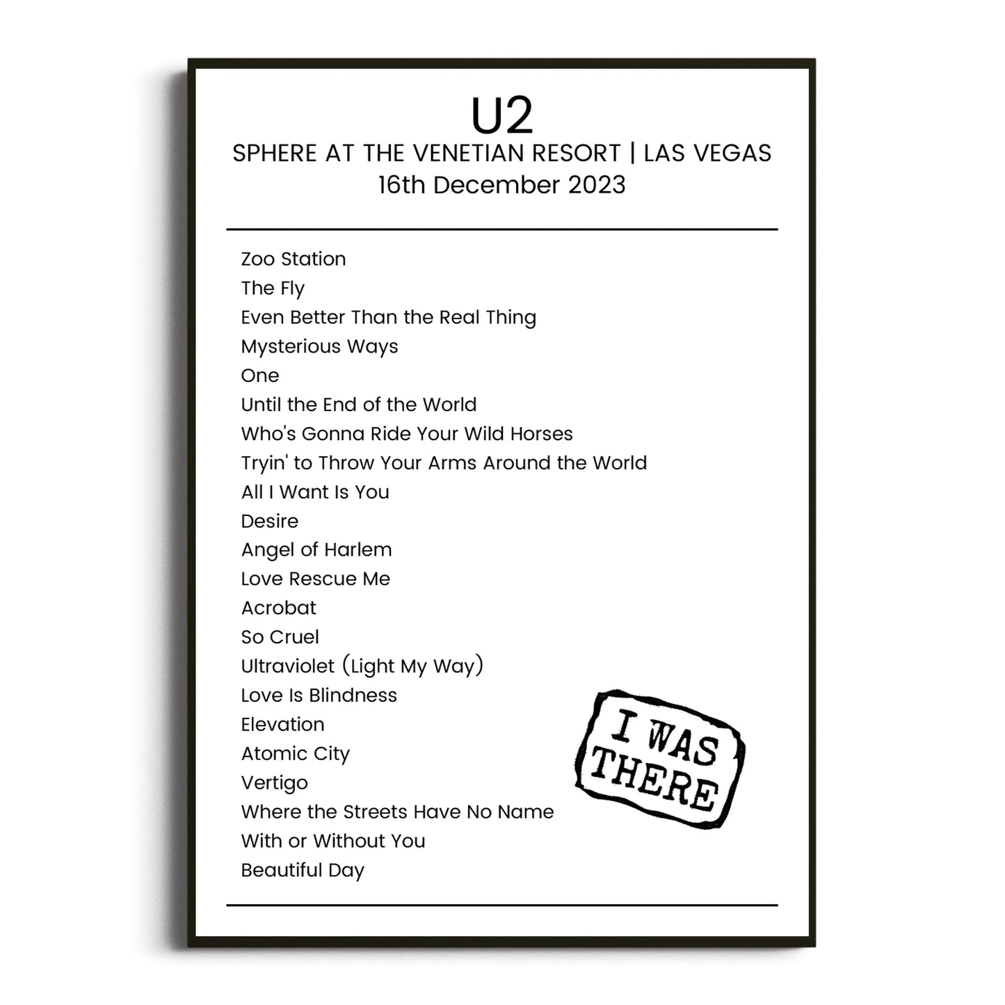 U2 Las Vegas 16 December 2023 Setlist Poster