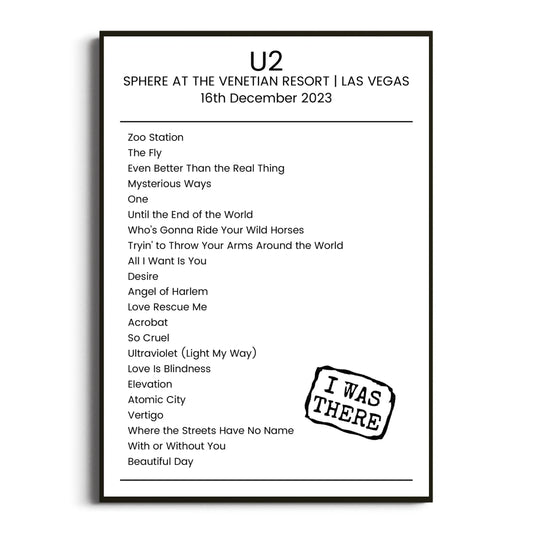 U2 Las Vegas 16 December 2023 Setlist Poster