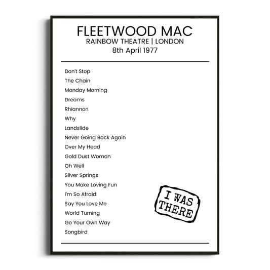 Fleetwood Mac London 08 April 1977 Setlist Poster