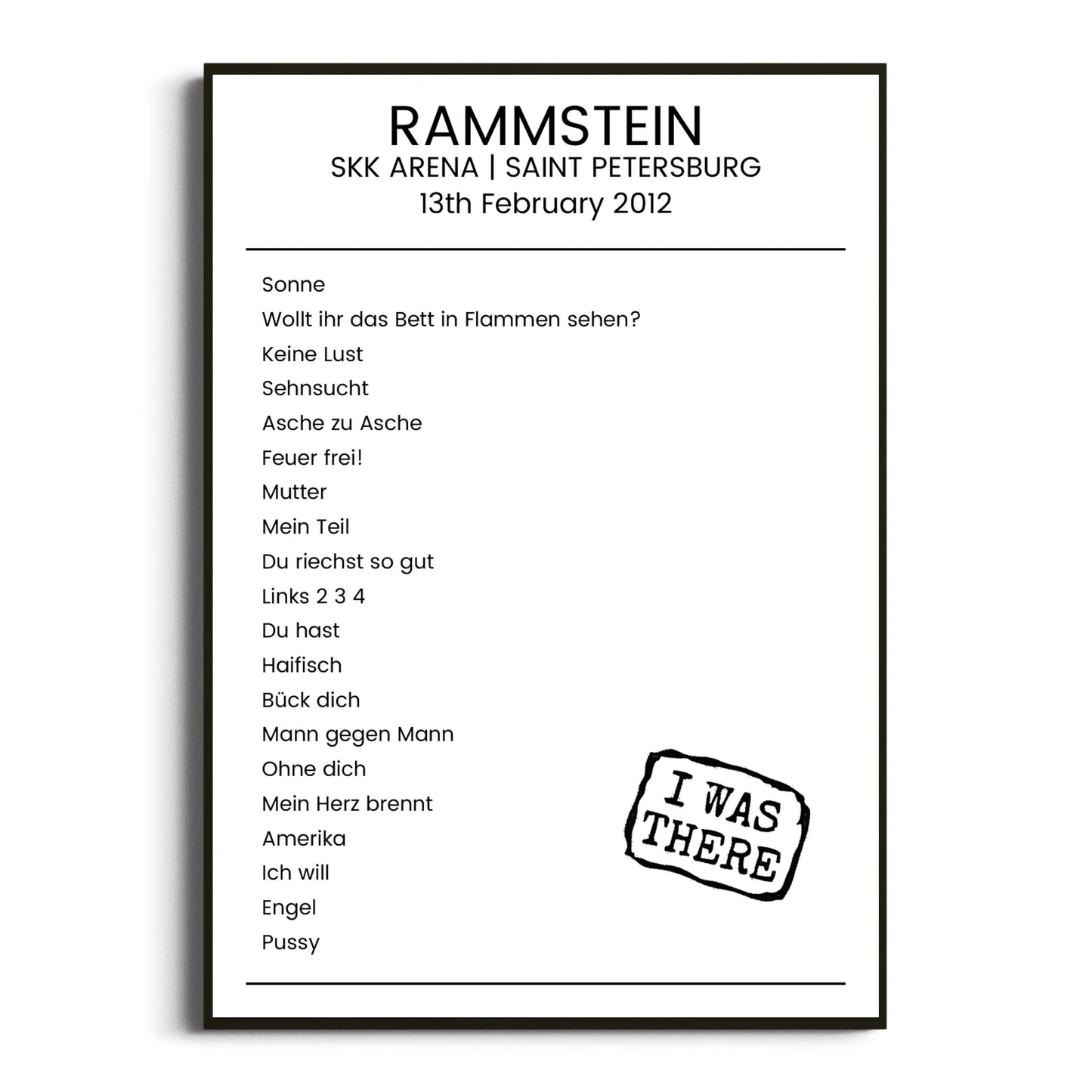 Rammstein Saint Petersburg 13 February 2012 Setlist Poster