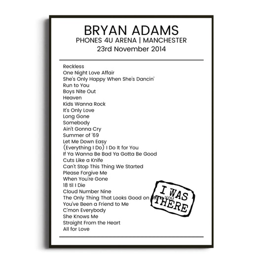 Bryan Adams Manchester 23 November 2014 Setlist Poster