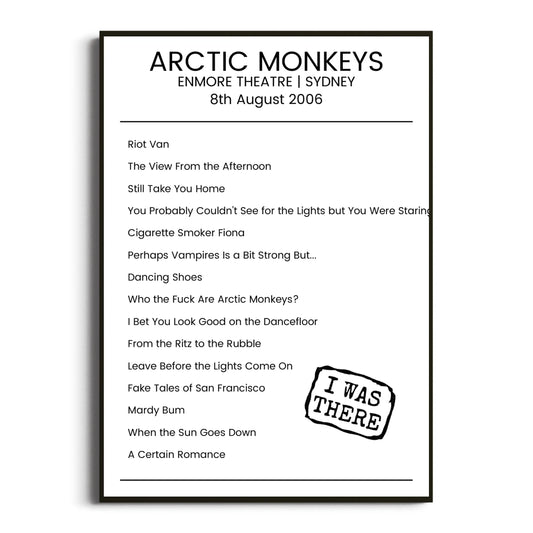 Arctic Monkeys Sydney 08 August 2006 Setlist Poster