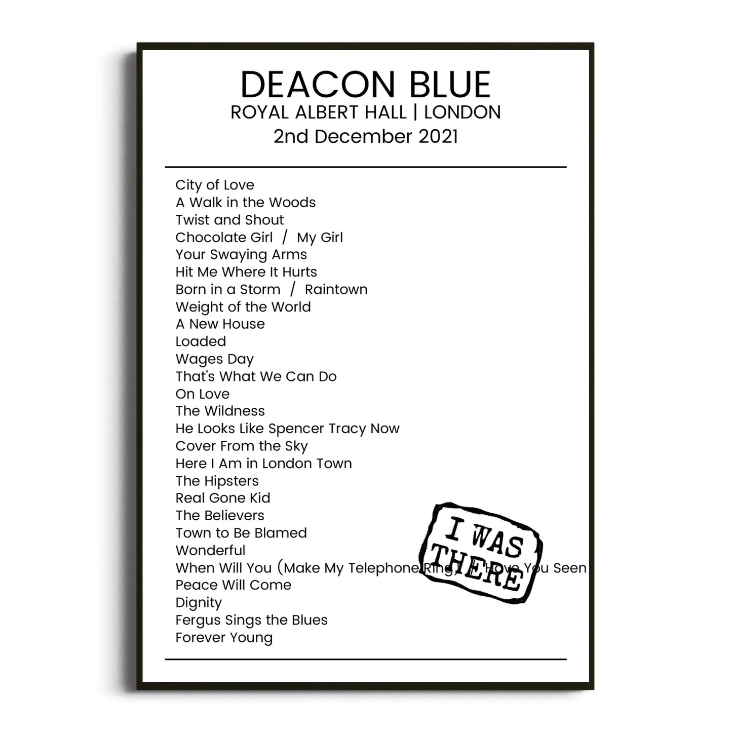 Deacon Blue London 02 December 2021 Setlist Poster