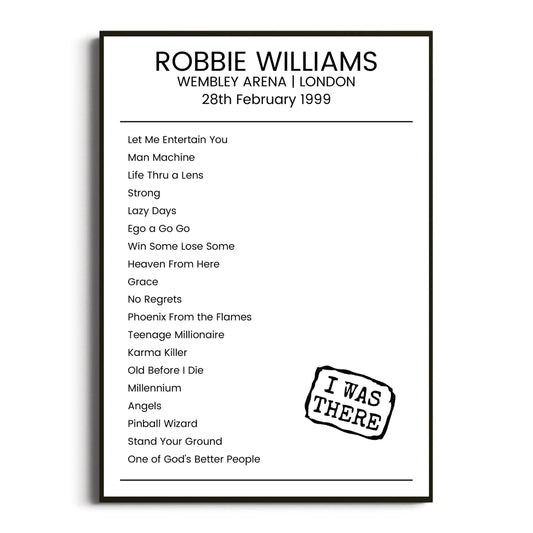 Robbie Williams London 28 February 1999 Setlist Poster