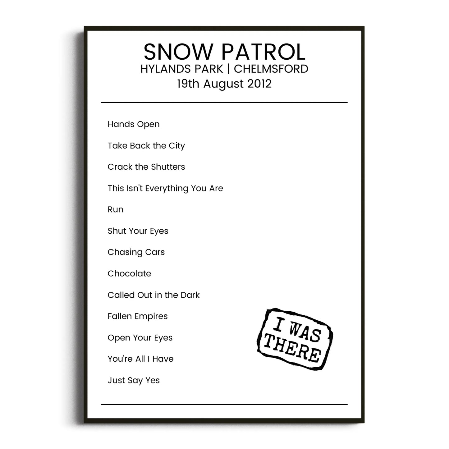 Snow Patrol Chelmsford 19 August 2012 Setlist Poster