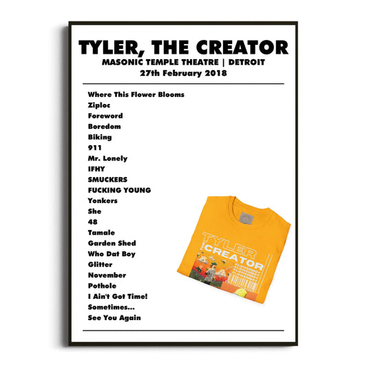 Tyler, The Creator Detroit 27 February 2018 Setlist Poster