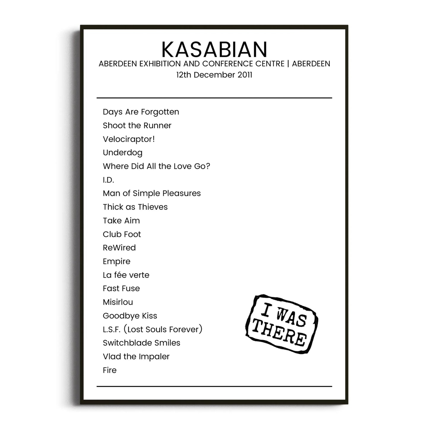 Kasabian Aberdeen 12 December 2011 Setlist Poster