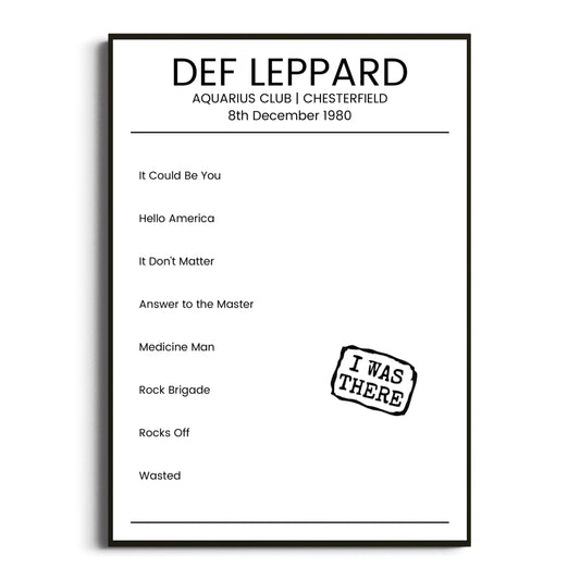 Def Leppard Chesterfield 08 December 1980 Setlist Poster