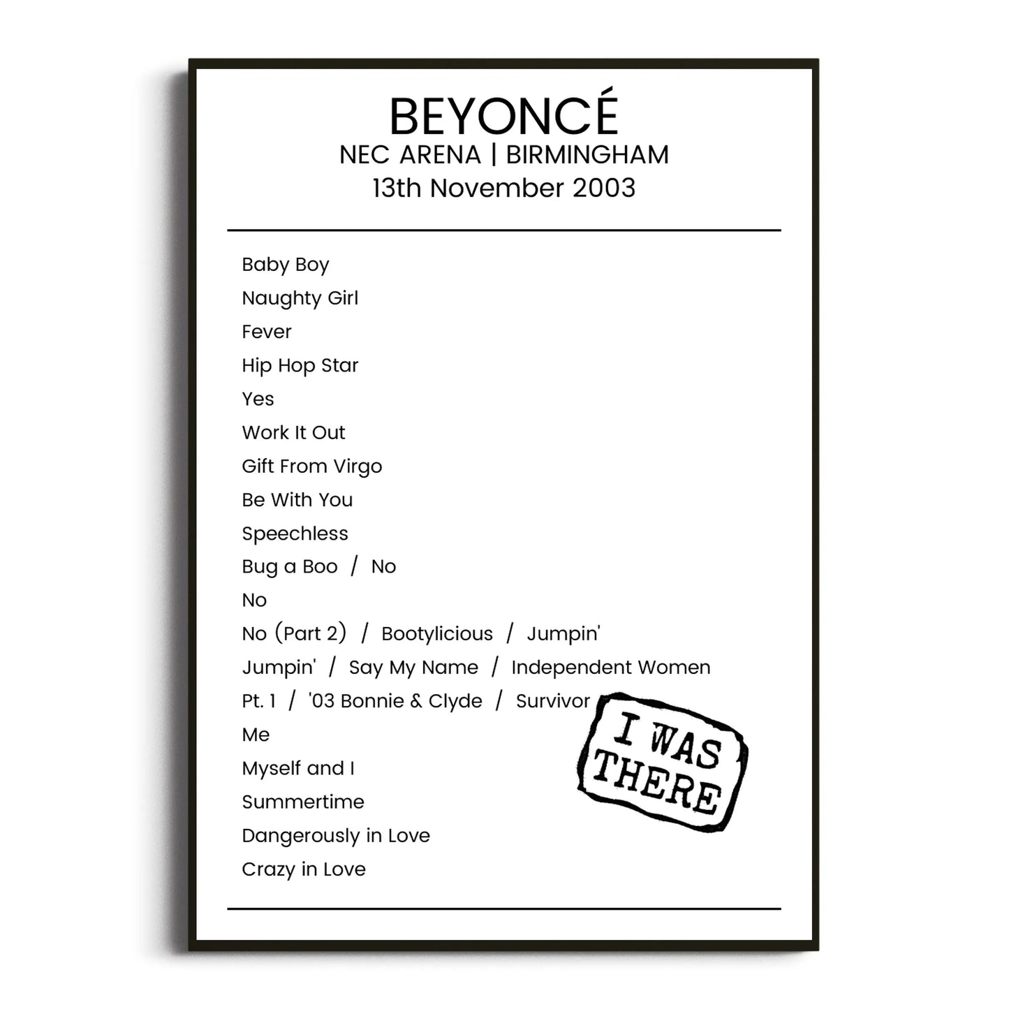 Beyoncé Birmingham 13 November 2003 Setlist Poster