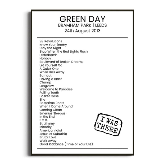 Green Day Leeds 24 August 2013 Setlist Poster